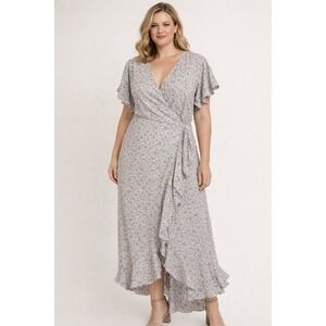 Bluivy Cream Purple Ditsy Floral Wrap Maxi Dress Size L NWT Cottage Feminine